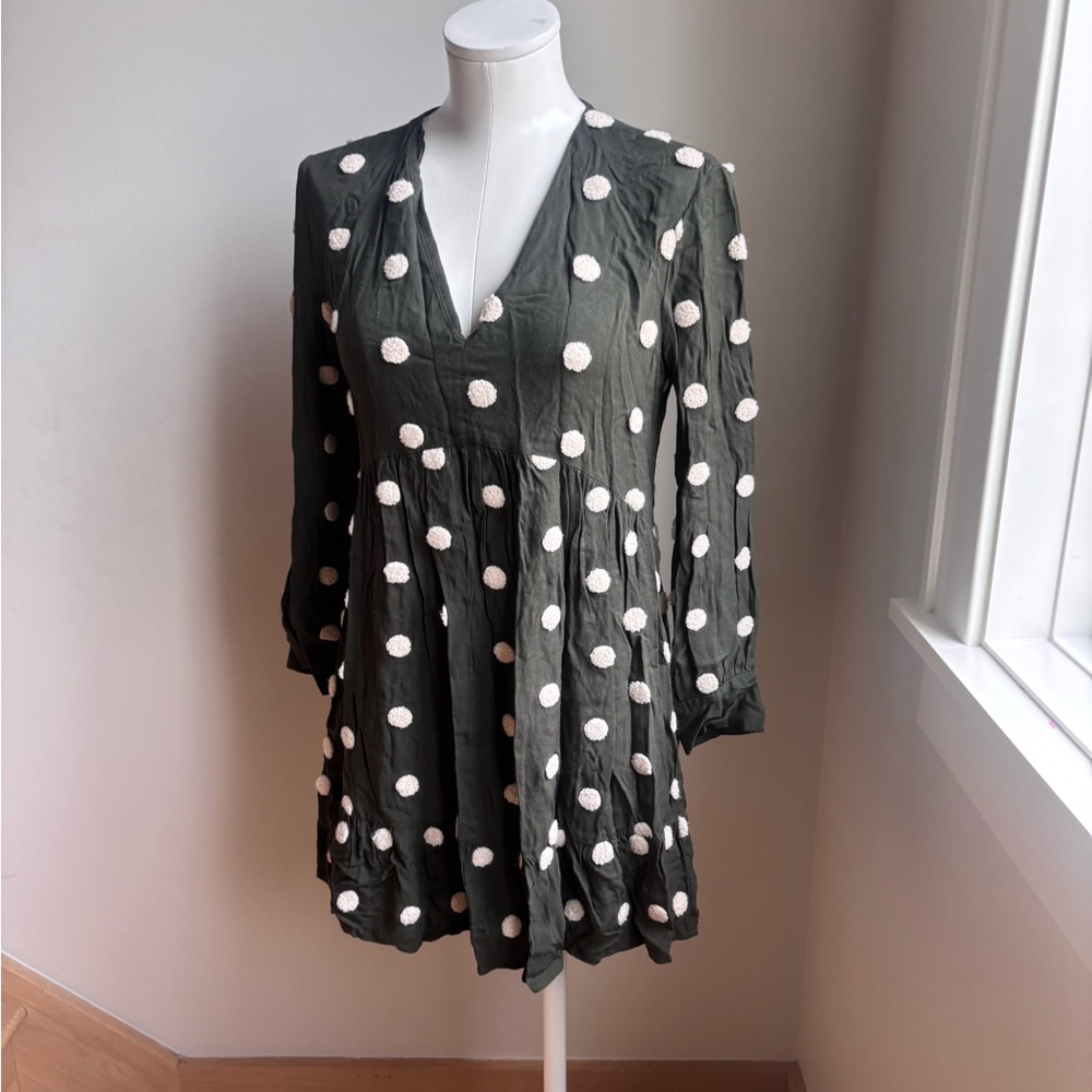 Zara green polka Dot Long Sleeve Dress